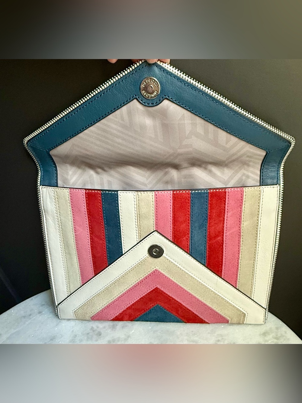 Rebecca Minkoff Chevron Suede Envelope Clutch in Navy, Red, Pink, Cream - Picture 7 of 11